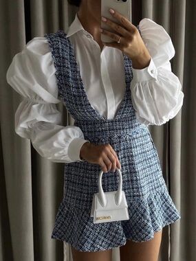Zara Tweed Pinafore Dress Blue Plaid S Peplum Hem